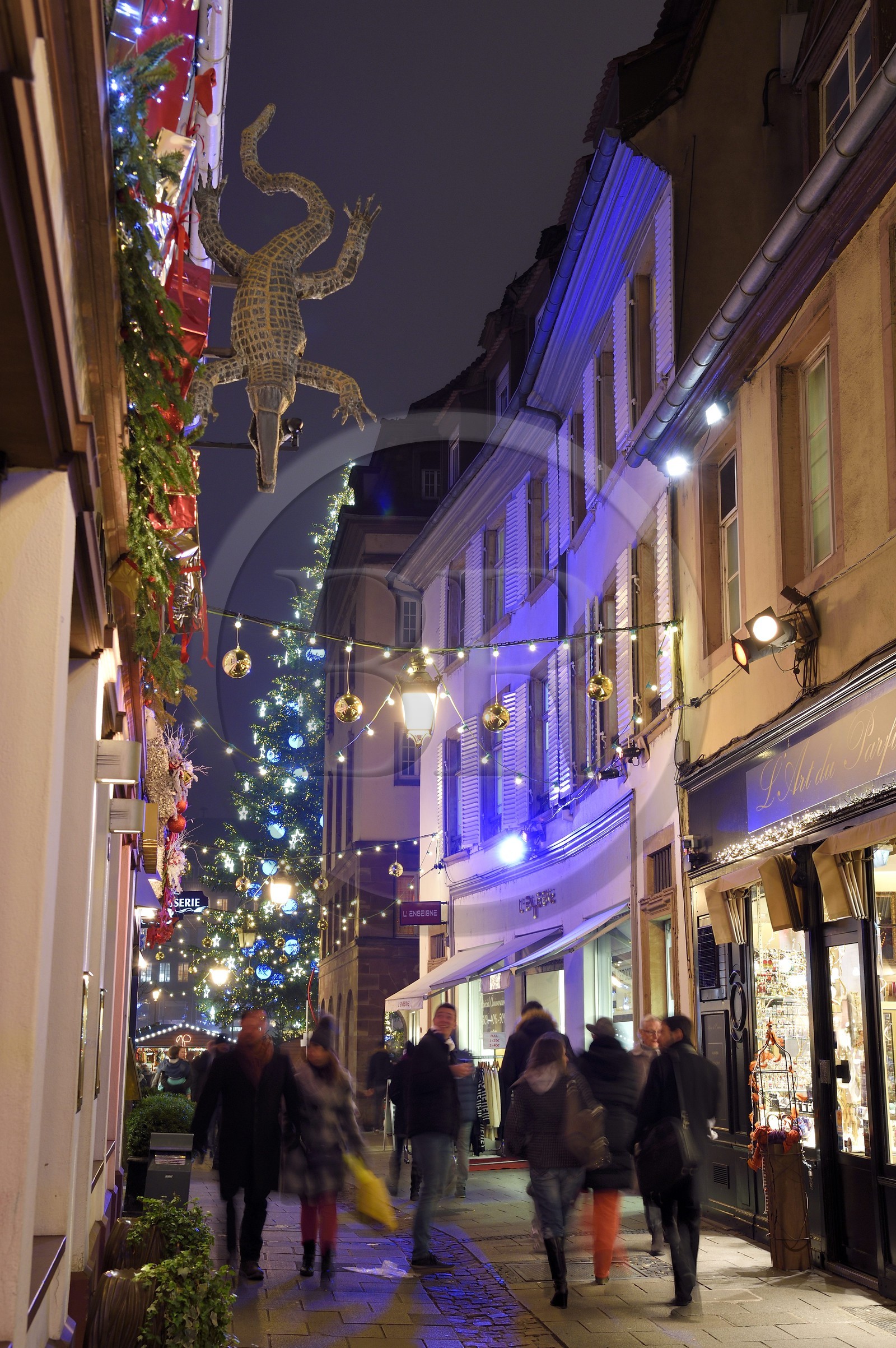 France, Bas Rhin, Strasbourg, old town listed as World Heritage by UNESCO, sign of the restaurant Le Crocodile in the Outre street and the big christmas tree on Place Kleber in the background