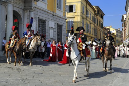 Italy, Liguria, Sarzana, Napoleon Festival, Napoleon and his suite in front of the Palazzo Roderio on the Piazza Matteotti