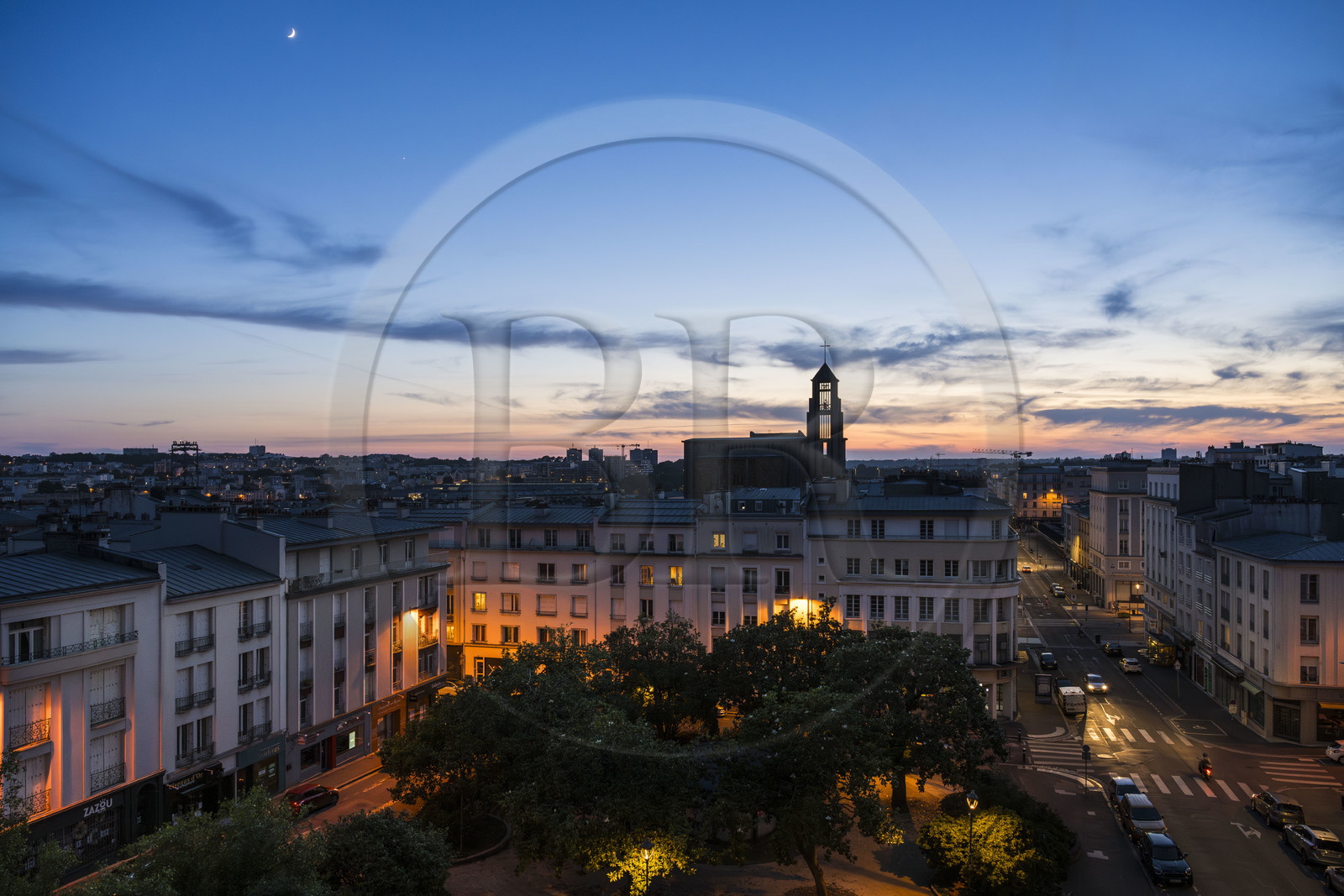 France, Finistère, Brest, the Saint-Louis de Brest church built between 1953 and 1958, rue de Lyon right, the square de la Tour d’Auvergne in the foreground