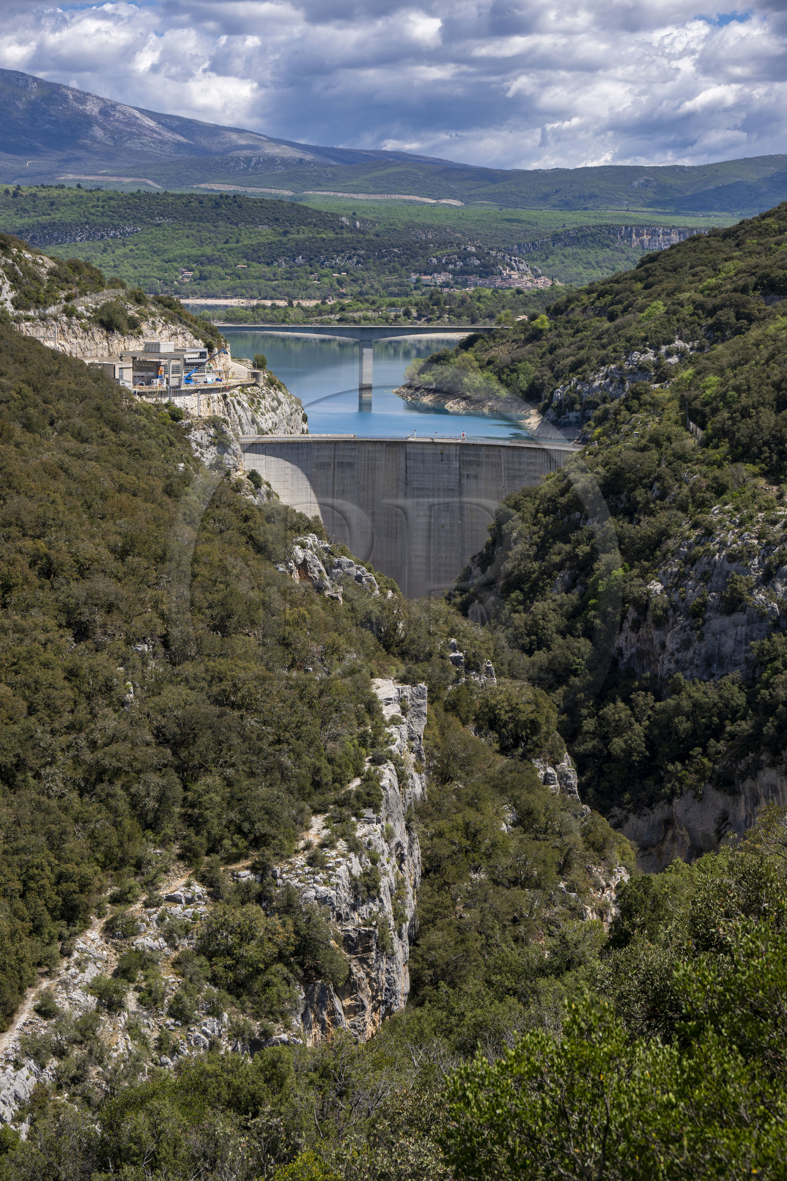 Var on the Left Bank and Alpes de Haute Provence on the Right Bank, Parc Naturel Regional du Verdon, Basses Gorges du Verdon downstream of Lake St. Croix, the gorges de Baudinard  and the Sainte Croix dam in the background (aerial view)