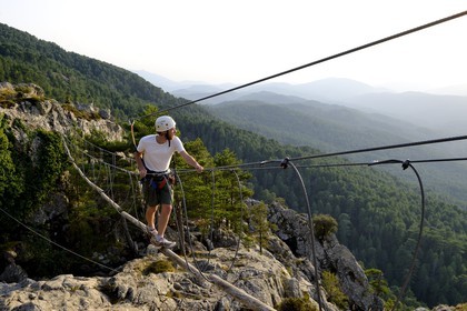 France, Corse-du-Sud (2A), Alta Rocca, massif de Bavella, la via ferrata du parc aventure Corsica Madness