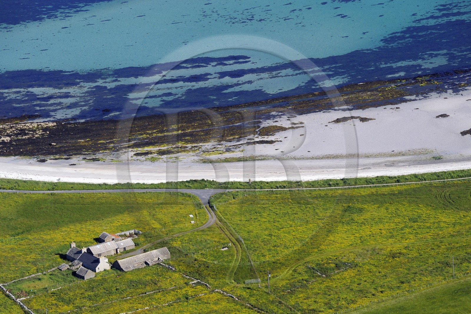 Royaume-Uni, Ecosse, Iles Orcades, Ile de Papa Westray, ferme en bordure de mer (vue aérienne)