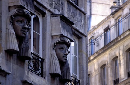 France, Paris, Place du Caire (Cairo Square), entrance of the Passage du Caire, chapiter with the head of Hathor Goddess
