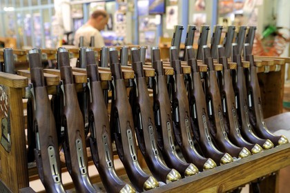 Italy, Lombardy, province of Brescia, Gardone Val Trompia, Davide Pedersoli & C manufacturer specialized in the production of historical muzzleloading guns, row of pistols before finishing