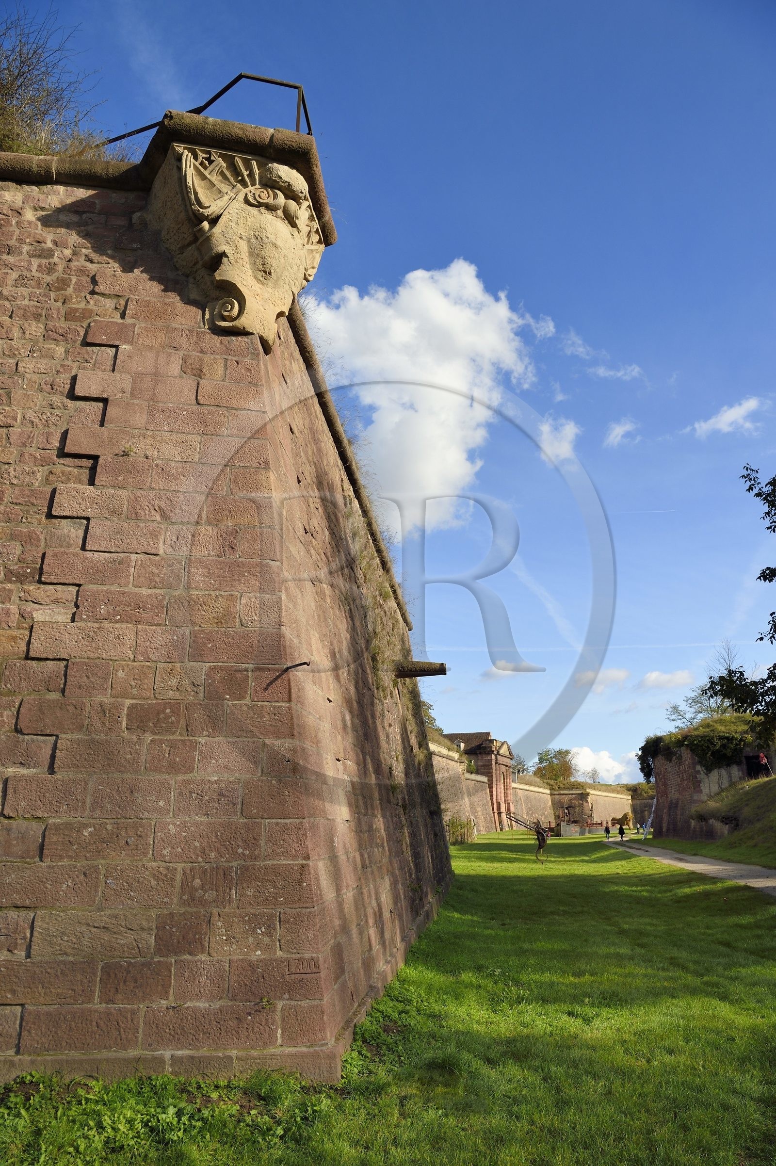 France, Haut-Rhin, Neuf Brisach, town fortified by Vauban, listed as World Heritage by UNESCO, moat and fortifications between Porte de Belfort and Porte de Colmar, location of the watchtowers which were made of wood to be dismantled
