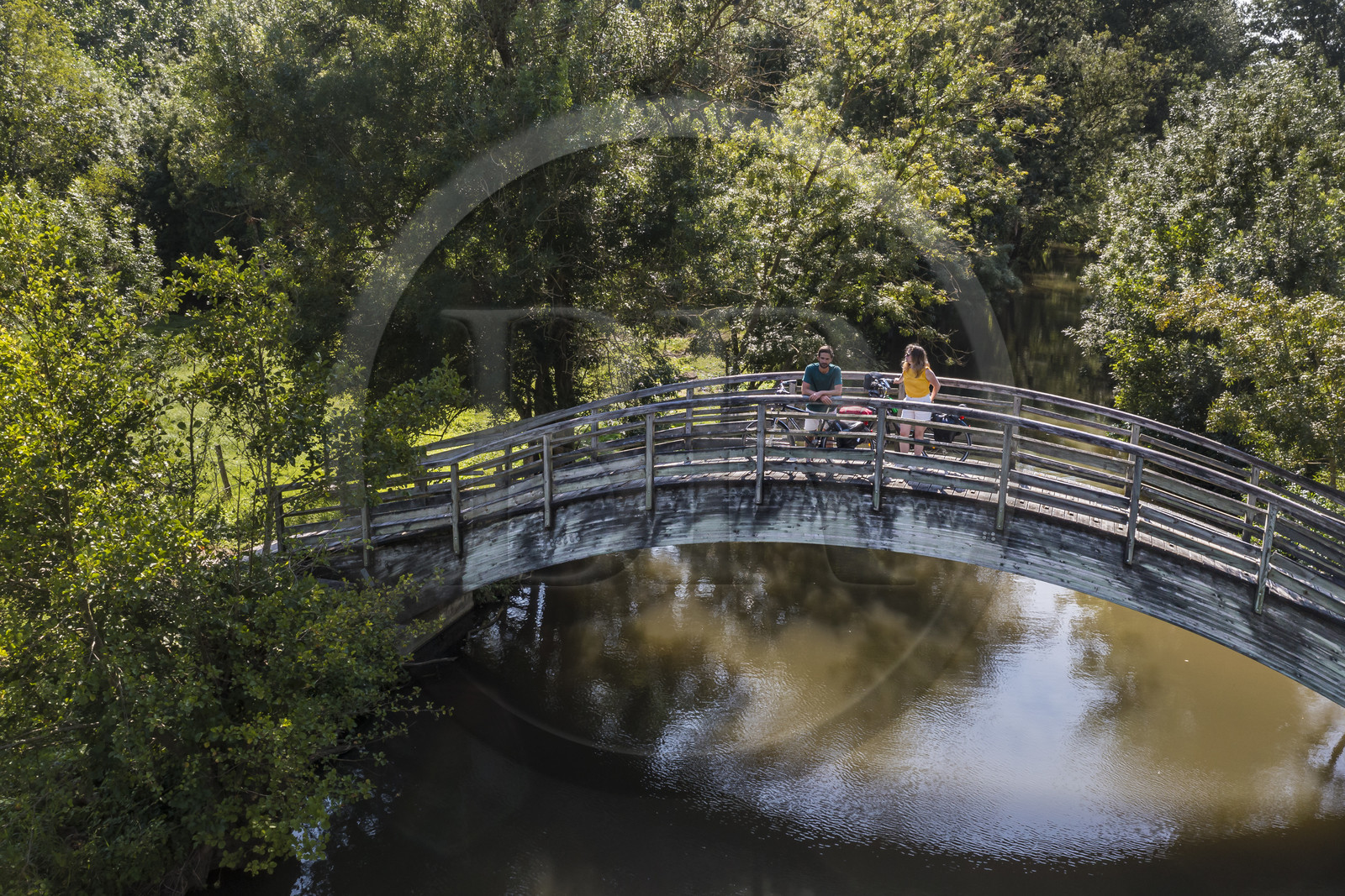France, Deux-Sèvres, le Marais Poitevin, Green Venice, Le Vanneau-Irleau, bicycle journey along the canals and crossing a footbridge (aerial view)