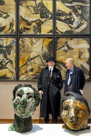 France, Paris, Musée Maillol art museum, German painter and sculptor Markus Lüpertz during his exhibition in dialogue with the work of Aristide Maillol, his gallerist Michael Werner on his right, painted bronzes and mixed media on paper