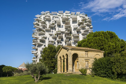 France, Herault, Montpellier, Richter district, the banks of the Lez river, L'Arbre Blanc, building designed by the Japanese architect Sou Foujimoto and the French architects Nicolas Laisne et Manal Rachdi, Richter's Granting desk in the foreground