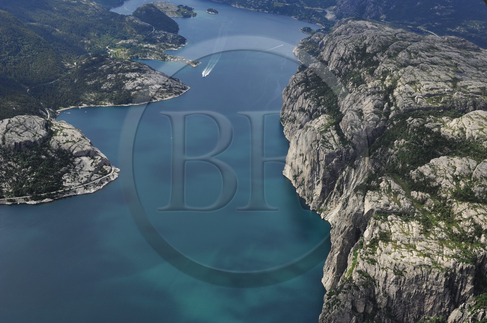 Norway, Rogaland, the Lysefjord, fjord of Lysebotn (aerial view)