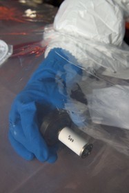 France, Bas-Rhin, Schiltigheim, intervention of engineers from the National Agency for the Management of Radioactive Waste (Andra) in a private home to remove radioactivity from a rare model of a century-old radium fountain, porcelain irradiated with radium that was infused in cold water in a dedicated glass