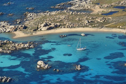 France, Corse du Sud, Bonifacio, Lavezzi Islands Nature Reserve and the Acciarino cemetery hosting the graves of the Semillante shipwrecked men (aerial view)