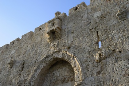 Israel, Jerusalem, holy city, the old town listed as World Heritage by UNESCO, the Zion Gate is one of eight gates in the walls of the Old City, the stones surrounding the gate were pockmarked by weapons fire and bullet holes during the  1948 Arab-Israeli War