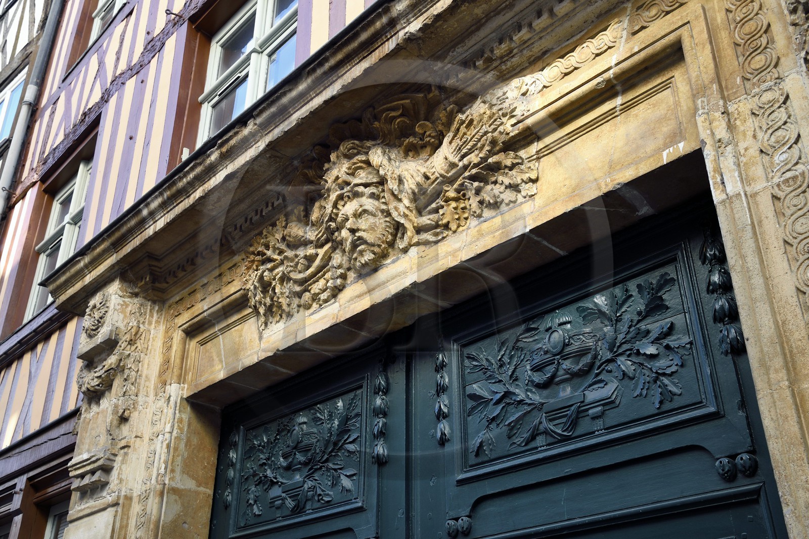 France, Seine-Maritime, Rouen, sculpture on the lintel of No. 30 rue Damiette