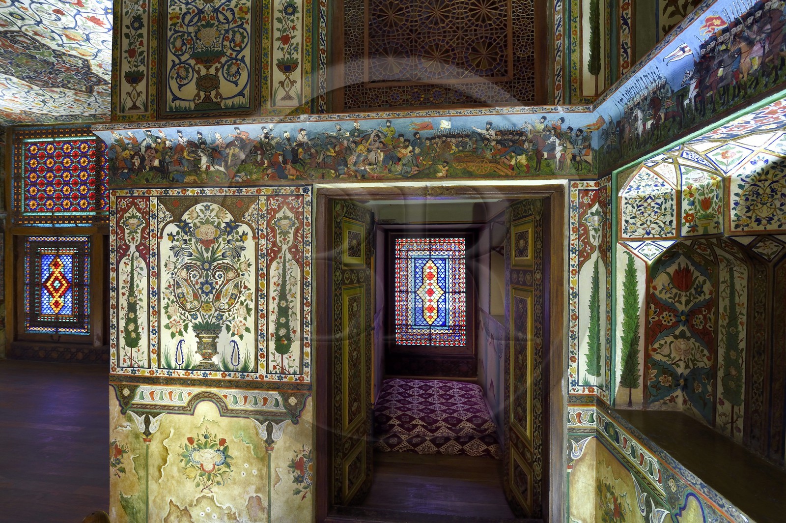 Azerbaijan, Shaki, Palace of Shaki Khans built in 1797 by Muhammed Hasan Khan, Khan's room, fresco depicting scenes of battles