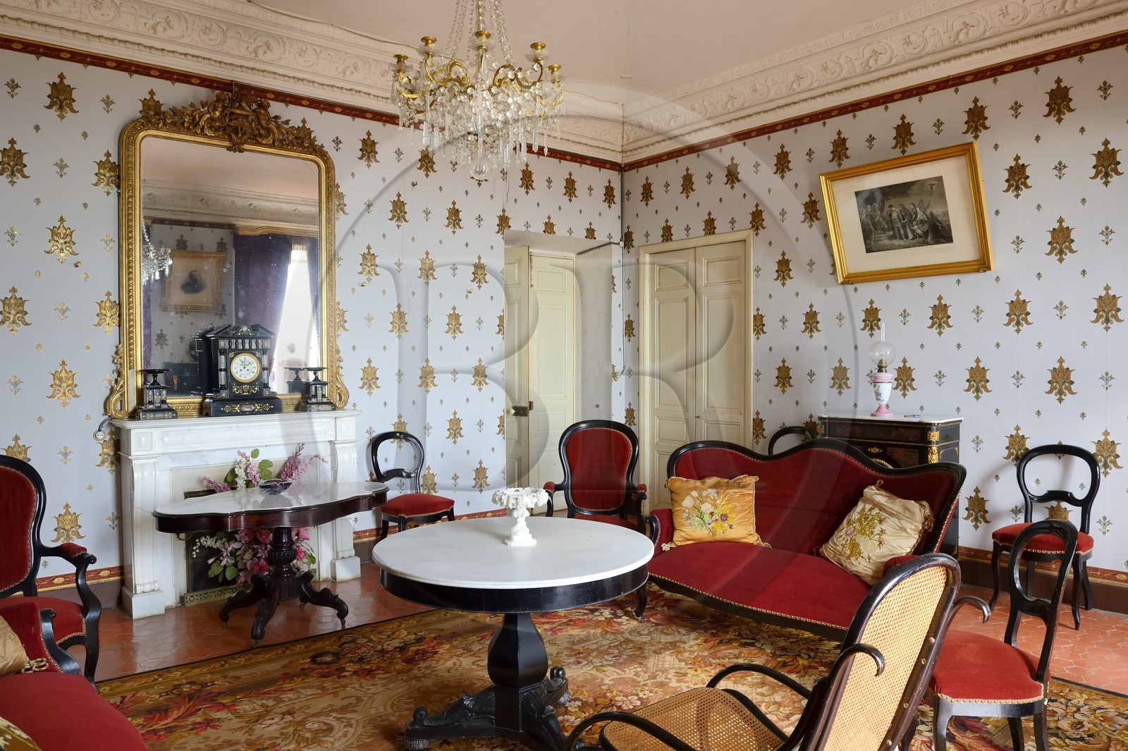 France, Haute Corse, Cap Corse, Rogliano, the palazzu Nicrosi (Palazzi or House of American), Pierre Nicrosi with his three brothers prospered in trade, real estate and cotton in Alabama, the main living room is still decorated with the floral wallpaper with gold leaf placed here 135 years ago
