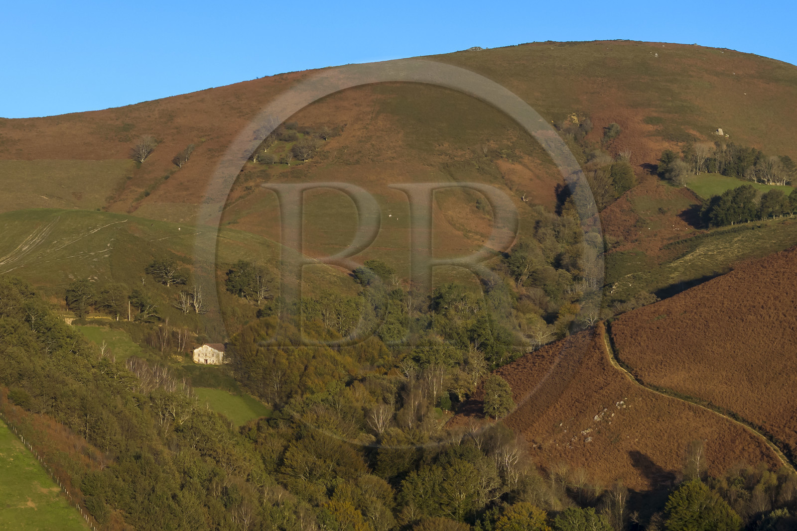 France, Pyrénées-Atlantiques (64), Pays-Basque, ferme isolée sur les hauteurs de la vallée des Aldudes (vue aérienne)
