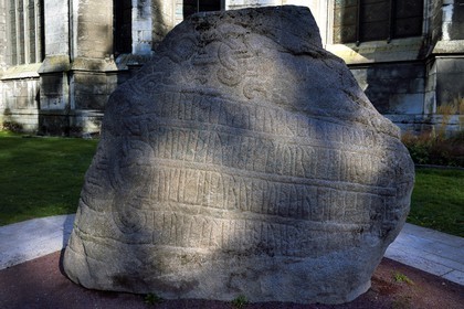France, Seine Maritime, Rouen,  Church of Saint Ouen gardens, copy of the large Jelling stone donated by Denmark to the City on the occasion of the millennium of Normandy in 1911