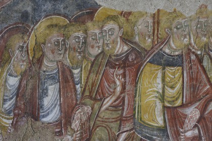 France, Loir-et-Cher (41), Vendôme, fresques romanes peintes entre la fin du XIe et le début du XIIe siècle de la salle capitulaire du cloitre de l'ancienne abbaye de la Trinité