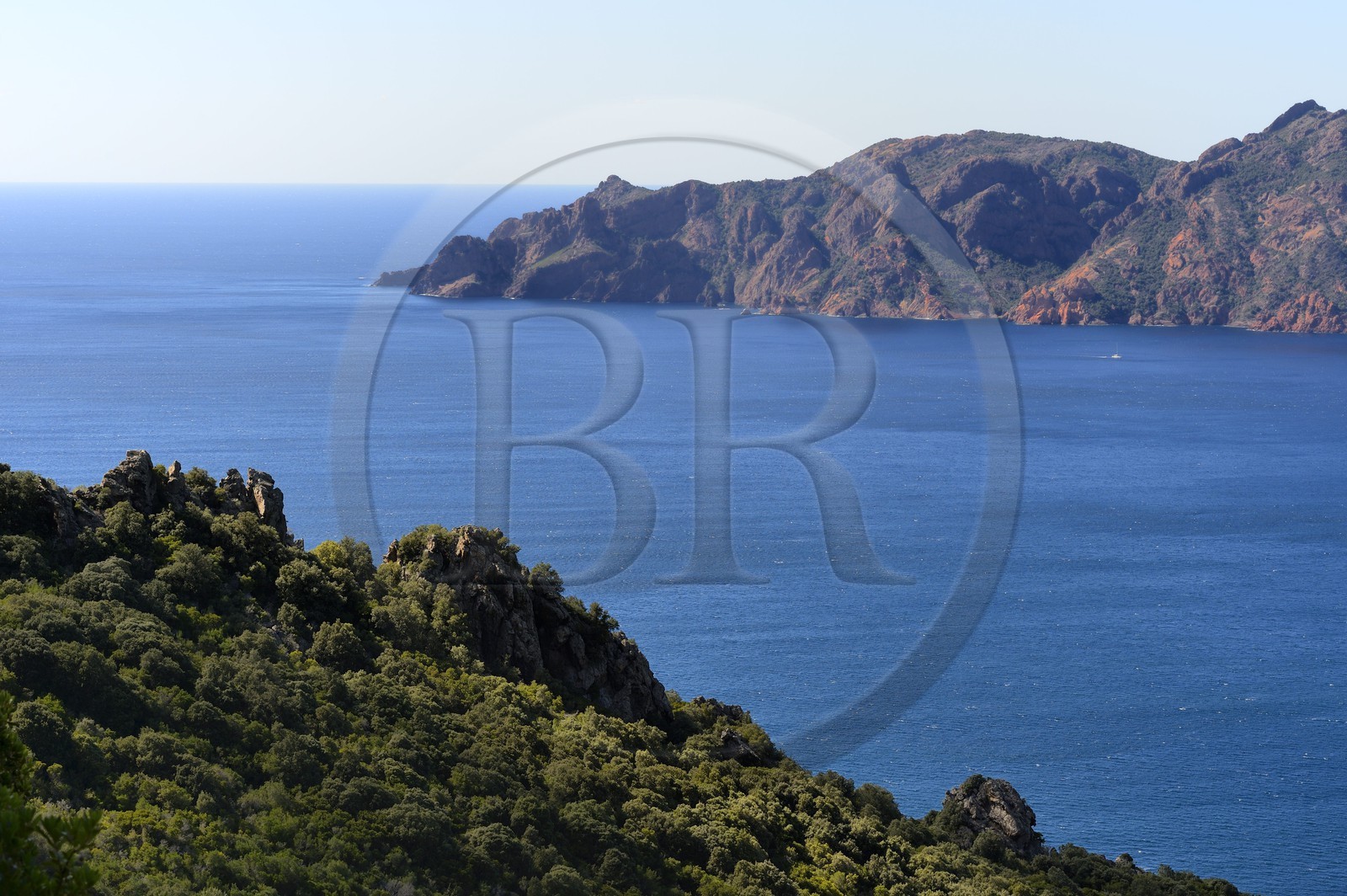 France, Corse-du-Sud (2A), Golfe de Girolata, classé Patrimoine Mondial de l'UNESCO, et la Réserve naturelle de la presqu'île de Scandola en arrière plan