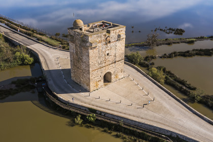 France, Aigues-Mortes, Saint-Laurent-d'Aigouze, la Tour Carbonnière dans la Petite Camargue (vue aérienne) France, Aigues-Mortes, Saint-Laurent-d'Aigouze, the Carbonnière Tower in the Petite Camargue (aerial view)